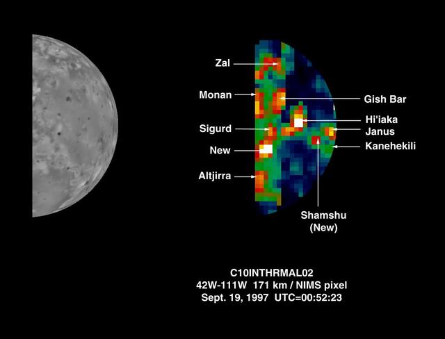 The Near-Infrared Mapping Spectrometer (NIMS) on Galileo obtained this image of half of Io's disk in darkness on September 19, 1997. This image, at 5 microns, shows several hot spots on Io, which are volcanic regions of enhanced thermal emission. The area shown is part of the leading hemisphere of Io.  Two new hot spots are shown and indicated in the image (New, and Shamshu). Neither of these hot spots were seen by NIMS or the Solid State Imaging Experiment, (SSI) prior to this observation, becoming only recently active. Several other previously known hot spots are labelled in the image. Galileo was at a distance of 342,000 km from Io when this observation was made.  http://photojournal.jpl.nasa.gov/catalog/PIA01226