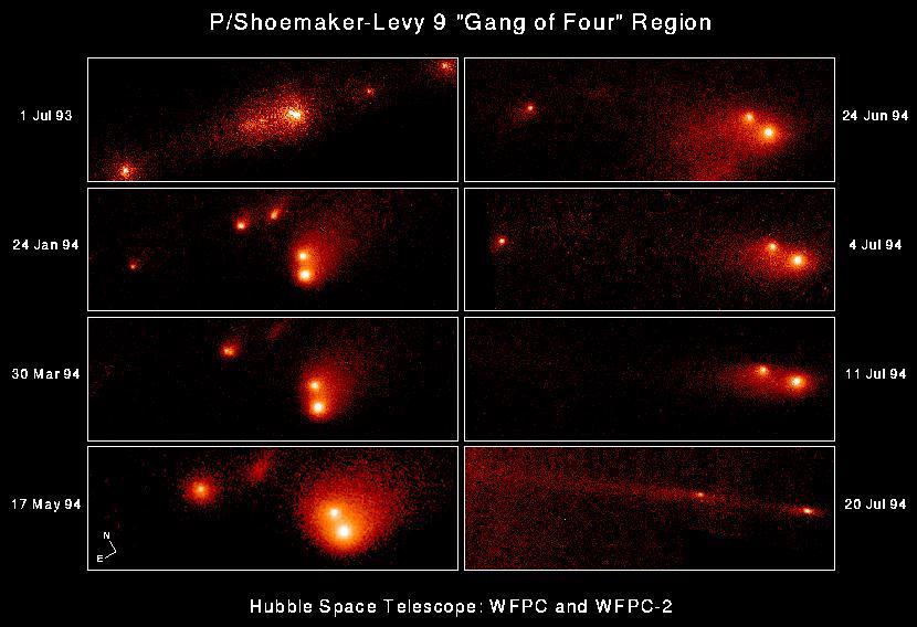 This series of eight NASA Hubble Space Telescope "snapshots" shows the evolution of the P-Q complex, also called the "gang of four" region, of comet P/Shoemaker-Levy 9.  The eight individual frames chronicle changes in the comet during the 12 months before colliding with Jupiter. The sequence shows that the relative separations of the various cometary fragments, thought to range in size from about 500 meters to almost 4 km (2.5 miles) across, changed dramatically over this period. The apparent separation of Q1 and Q2 was only about 1100 kilometers (680 miles) on 1 July 1993 and increased to 28,000 kilometers (17,400 miles) by 20 July 1994. http://photojournal.jpl.nasa.gov/catalog/PIA01264