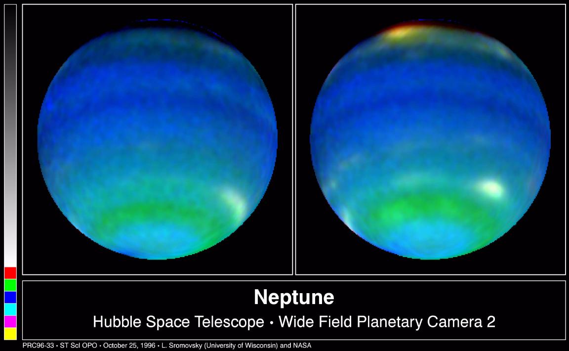 These two NASA Hubble Space Telescope images provide views of weather on opposite hemispheres of Neptune. Taken Aug. 13, 1996; these composite images blend information from different wavelengths to bring out features of Neptune blustery weather.