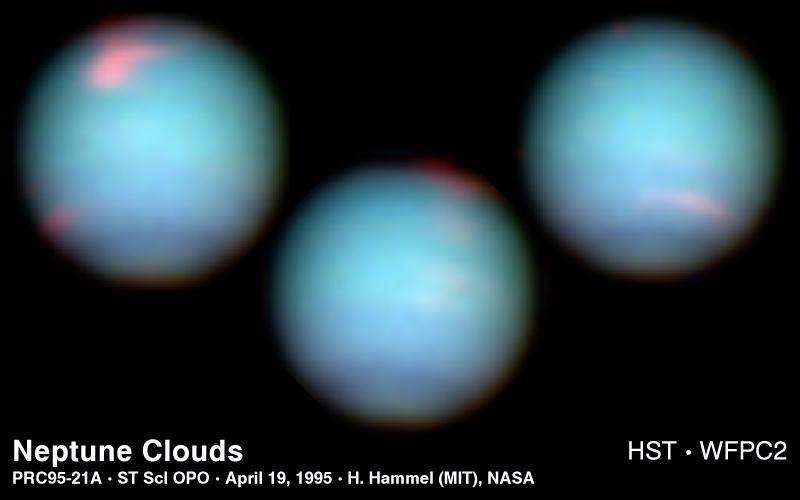 These NASA Hubble Space Telescope views of the blue-green planet Neptune provide three snapshots of changing weather conditions. The images were taken in 1994 on 3 separate days when Neptune was 2.8 billion miles 4.5 billion kilometers from Earth.