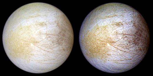 This color composite view combines violet, green, and infrared images of Jupiter intriguing moon, Europa, for a view of the moon in natural color left and in enhanced color designed to bring out subtle color differences in the surface right.