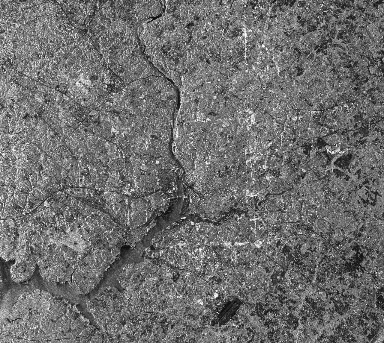 This radar image of the Washington, D.C. area demonstrates the capability of imaging radar as a useful tool for urban planners and managers to map and monitor land use patterns.