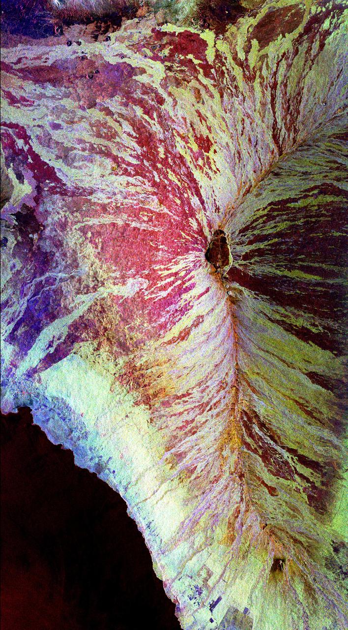 This image of the Mauna Loa volcano on the Big Island of Hawaii shows the capability of imaging radar to map lava flows and other volcanic structures.