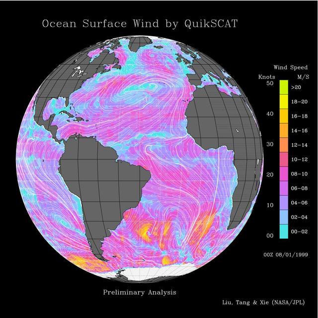 NASA image: Atlantic Ocean Surface Winds from QuikScat