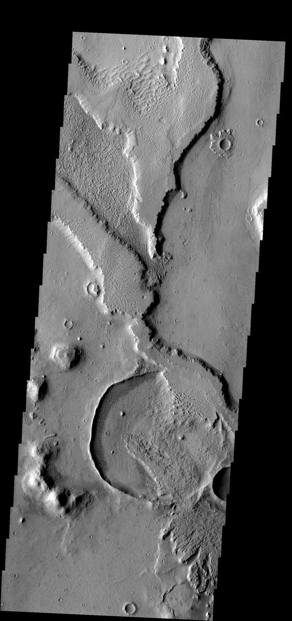 Exhumation of craters, the uncovering of old craters hidden from view by younger surface material, is common in many regions of Mars. This crater and its covering material are located in Amazonis Planitia