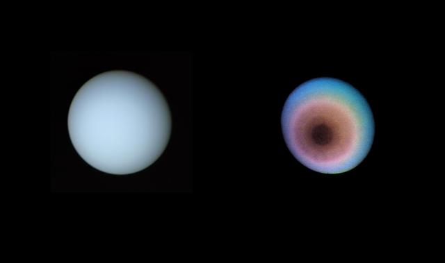 These two pictures of Uranus were compiled from images recorded by NASA Voyager 2 on Jan. 1O, 1986. This view is toward the planet pole of rotation, which lies just left of center. The image on the right is a false-color image.