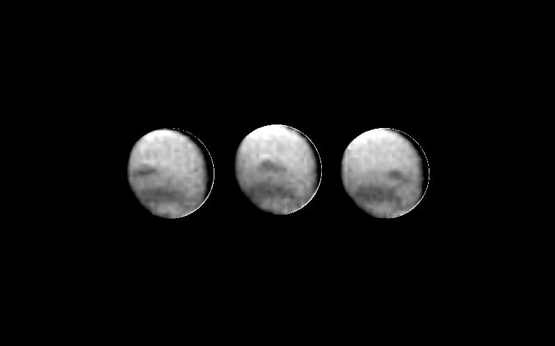 These three images of Neptune were acquired 90 minutes apart by NASA Voyager 2 spacecraft on April 3, 1989, from a range of 208 million kilometers 129 million miles. Several atmospheric features clouds are visible.