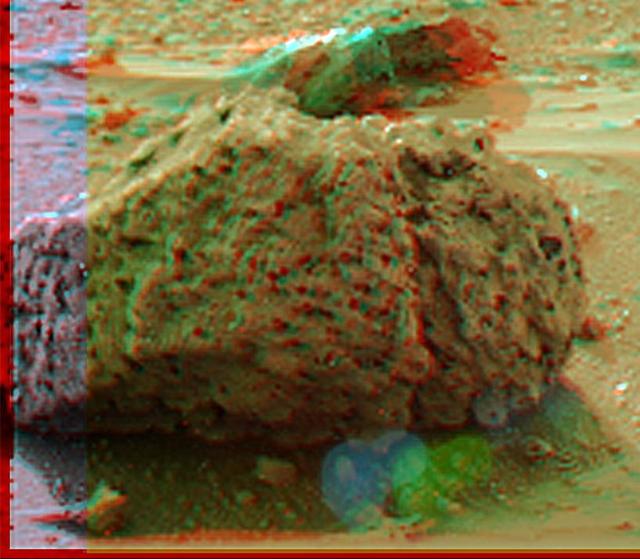 Barnacle Bill is a small rock immediately west-northwest of NASA Mars Pathfinder lander and was the first rock visited by the rover Sojourner. 3D glasses are necessary to identify surface detail. 