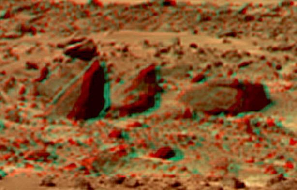 This view of Bookshelf Two was produced by combining the Super Panorama frames from the IMP camera from NASA Mars Pathfinder lander. 3D glasses are necessary to identify surface detail. 