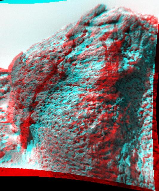 This anaglyph view of Chimp, south southwest of the lander, was produced by NASA Mars Pathfinder Imager camera. 3D glasses are necessary to identify surface detail. 