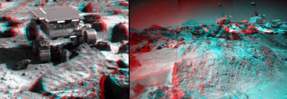This anaglyph view of Ender, due south of the lander, was produced by NASA Mars Pathfinder Imager camera. 3D glasses are necessary to identify surface detail. 