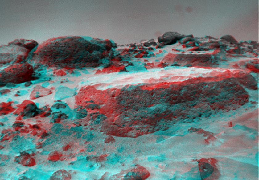 This anaglyph view of Flat Top, due south of the lander, was produced by NASA Mars Pathfinder Imager camera. 3D glasses are necessary to identify surface detail.