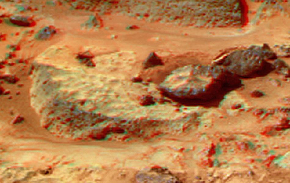 This anaglyph view of Flute Top was produced by NASA Mars Pathfinder Imager camera. 3D glasses are necessary to identify surface detail.