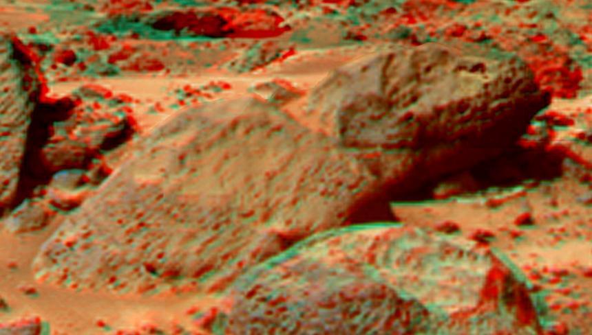 This is a stereo view of Moe & Pumpkin, part of the Bookshelf at the back of the Rock Garden to the southwest of NASA Mars Pathfinder lander. 3D glasses are necessary to identify surface detail.