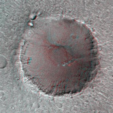 On its 256th orbit of Mars, the camera on-board NASA Mars Global Surveyor spacecraft successfully observed the vicinity of the Mars Pathfinder landing site. 3D glasses are necessary to identify surface detail.