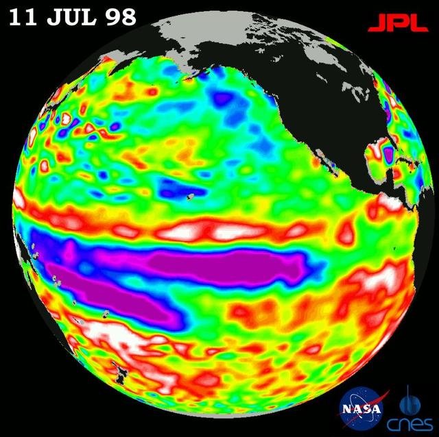 Height measurements taken by NASA U.S.-French TOPEX/Poseidon satellite. The image shows sea surface height relative to normal ocean conditions on July 11, 1998; sea surface height is an indicator of the heat content of the ocean.