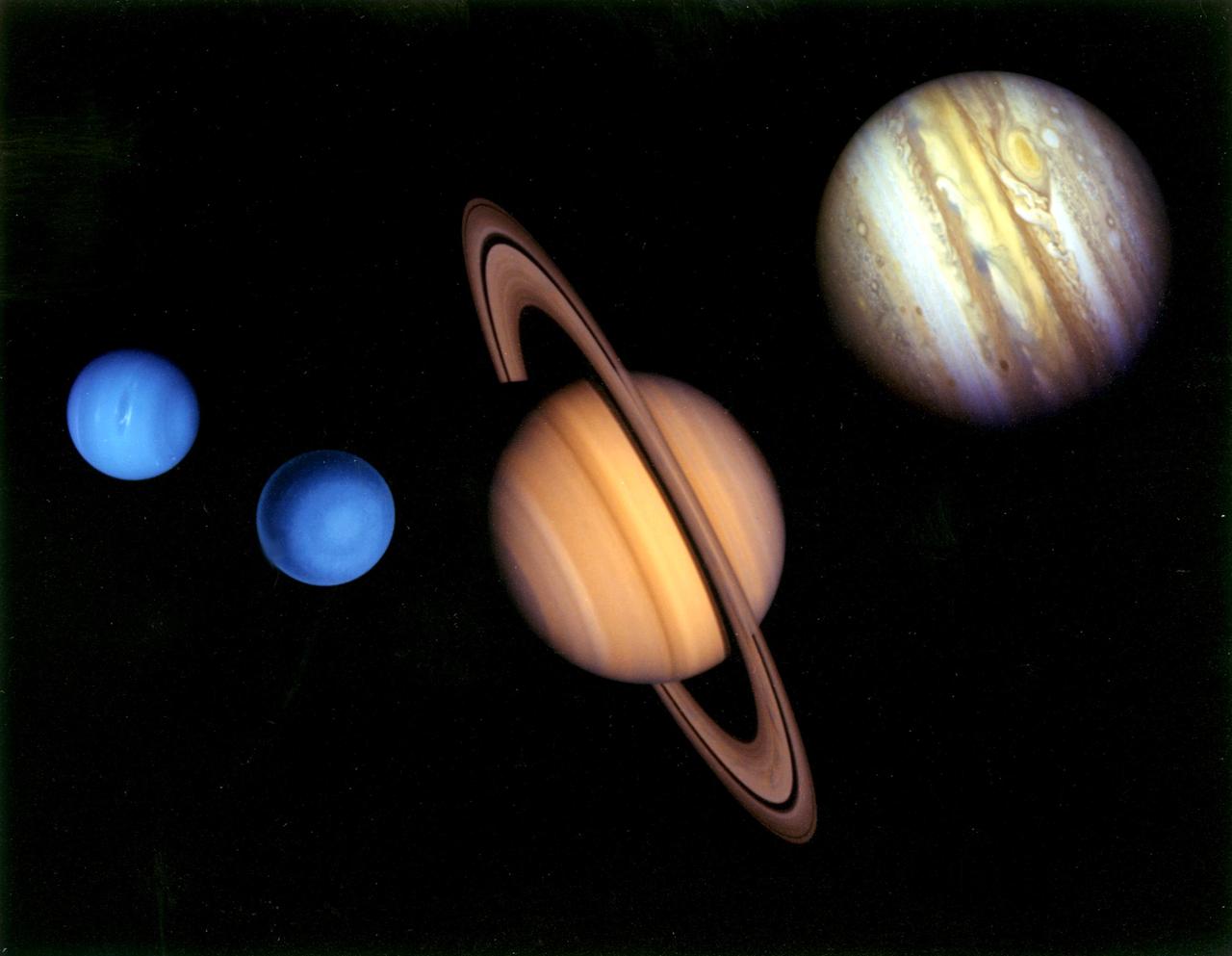 This montage of images of the planets visited by NASA's Voyager 2 was prepared from an assemblage of images taken by the 2 Voyager spacecraft.  https://photojournal.jpl.nasa.gov/catalog/PIA01483