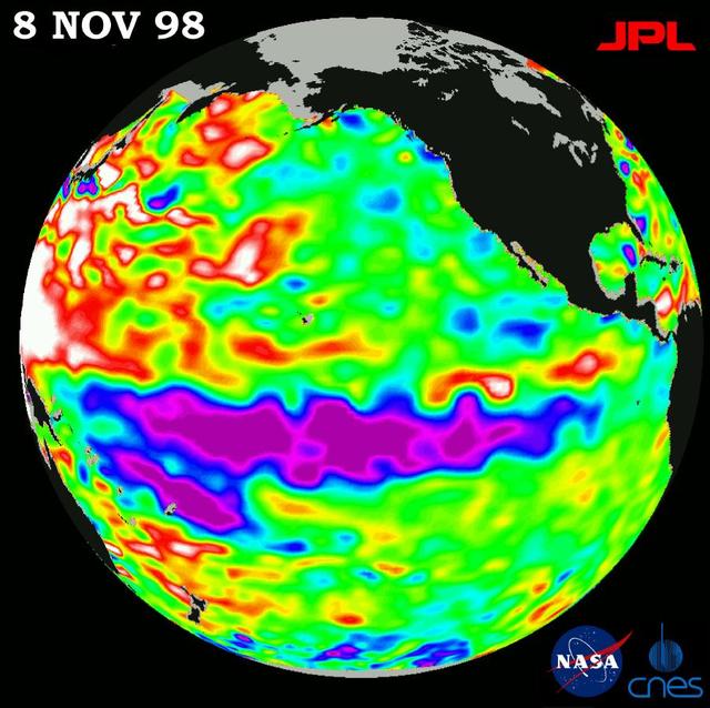 This image of the Pacific Ocean was produced using sea-surface height measurements taken by NASA U.S.-French TOPEX/Poseidon satellite.
