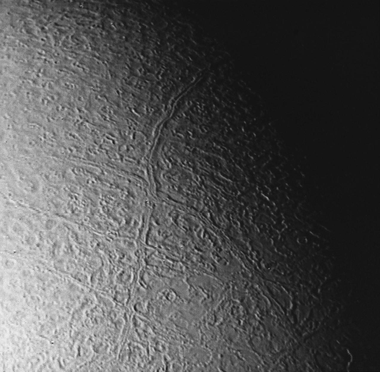 This image of Triton was taken on Aug. 25 1989 by NASA Voyager 2. The image was received at JPL four hours later at about 4:20 a.m. The smallest detail that can be seen is about 2.5 kilometers 1.5 miles across.