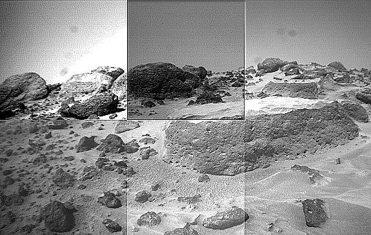 This image of the rock "Flat Top" was taken from the right of the Sojourner rover's front cameras on Sol 42. Pits on the edge of the rock and a fluted surface are clearly visible. The rocks in the left background comprise the "Rock Garden." Sojourner spent 83 days of a planned seven-day mission exploring the Martian terrain, acquiring images, and taking chemical, atmospheric and other measurements. The final data transmission received from Pathfinder was at 10:23 UTC on September 27, 1997. Although mission managers tried to restore full communications during the following five months, the successful mission was terminated on March 10, 1998. http://photojournal.jpl.nasa.gov/catalog/PIA01555