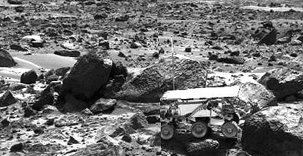 This image shows the Sojourner rover's Alpha Proton X-ray Spectrometer (APXS) deployed against the rock "Stimpy" on the afternoon of Sol 68 (September 11). The two rocks behind the rover were previously analyzed by the APXS. Sojourner spent 83 days of a planned seven-day mission exploring the Martian terrain, acquiring images, and taking chemical, atmospheric and other measurements. The final data transmission received from Pathfinder was at 10:23 UTC on September 27, 1997. Although mission managers tried to restore full communications during the following five months, the successful mission was terminated on March 10, 1998. http://photojournal.jpl.nasa.gov/catalog/PIA01563