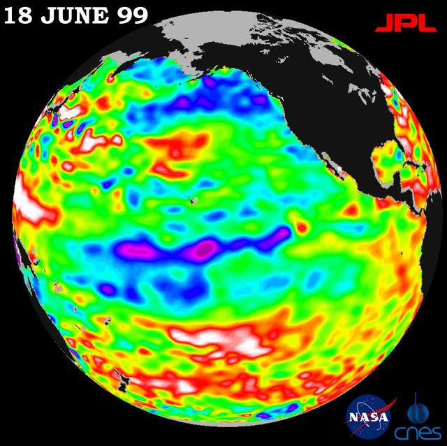 Lingering just a month ago in the eastern Pacific Ocean, the La Niña phenomenon, with its large volume of chilly water, barely has a pulse this month, according to new satellite data from NASA U.S.-French TOPEX/Poseidon mission.  The data, taken during a 10-day cycle of data collection ending June 18, show that the equatorial Pacific Ocean is warming up and returning to normal (green) as La Niña all but vanishes. The warming trend is most apparent in the equatorial Pacific Ocean, where only a few patches of cooler, low sea levels (seen in blue and purple) remain. The blue areas are between 5 and 13 centimeters (2 and 5 inches) below normal, whereas the purple areas range from 14 to 18 centimeters (6 to 7 inches) below normal. Like its counterpart, El Niño, a La Niña condition will influence global climate and weather until it has completely subsided.  As summer begins in the northern hemisphere, lower-than-normal sea surface levels and cool ocean temperatures persist in the northeastern Gulf of Alaska and along the western coast of North America. In contrast, the trend is the opposite over most of the Pacific, where above-normal sea surface heights and warmer ocean temperatures (indicated by the red and white areas) appear to be increasing and dominating the overall Pacific Ocean. Red areas are about 10 centimeters (4 inches) above normal; white areas show the sea surface height is between 14 and 32 centimeters (6 and 13 inches) above normal.  Scientists are not ready to administer last rites to La Niña, though. In the last 12 months, the pool of unusually cold water in the Pacific has shrunk (warmed) several times before cooling (expanding) again. This summer's altimeter data will help them determine whether La Niña has truly dissipated or whether they will see another resurgence of cool water in the Pacific.  http://photojournal.jpl.nasa.gov/catalog/PIA01586