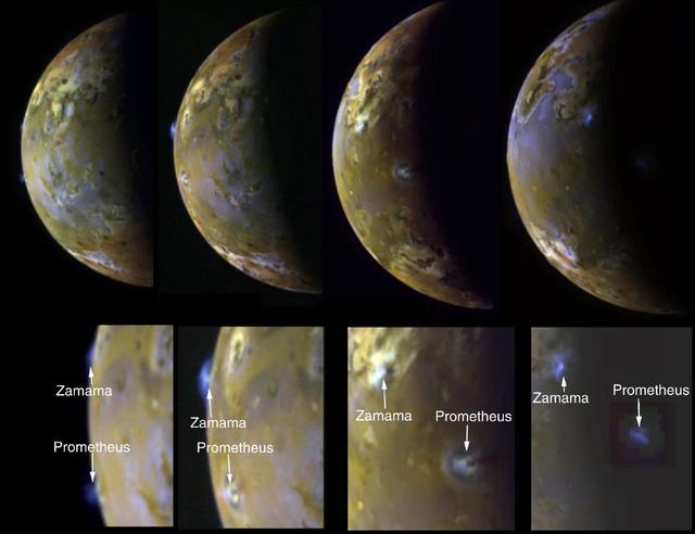 Sequence Showing Active Volcanic Plumes on Io
