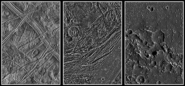 NASA image: Europa, Ganymede, and Callisto: Surface Comparison at High Spatial Resolution