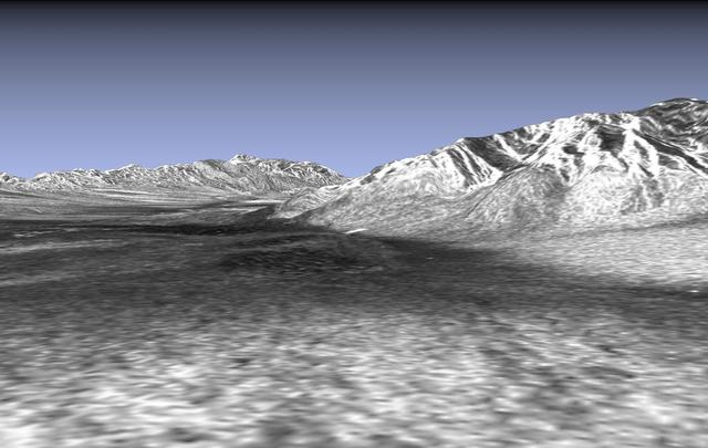 This picture is a three-dimensional perspective view of Death Valley, California. This view was constructed by overlaying a NASA SIR-C radar image on a U.S. Geological Survey digital elevation map.