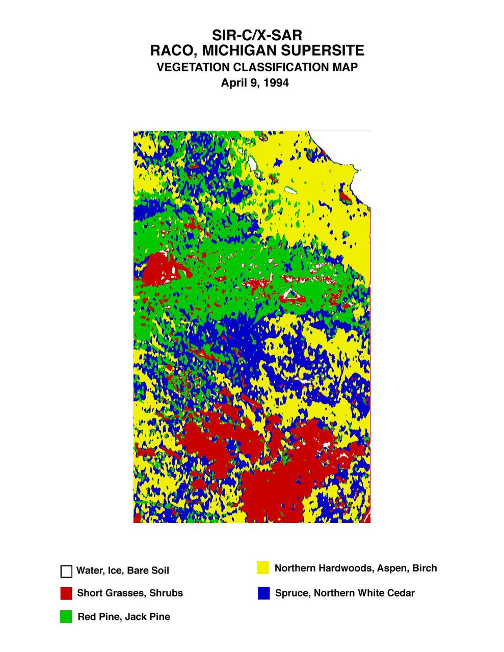 This is a vegetation map of the Raco, Michigan area produced from data acquired by NASA Spaceborne Imaging Radar C/X-Band Synthetic Aperture Radar SIR-C/X-SAR onboard space shuttle Endeavour.