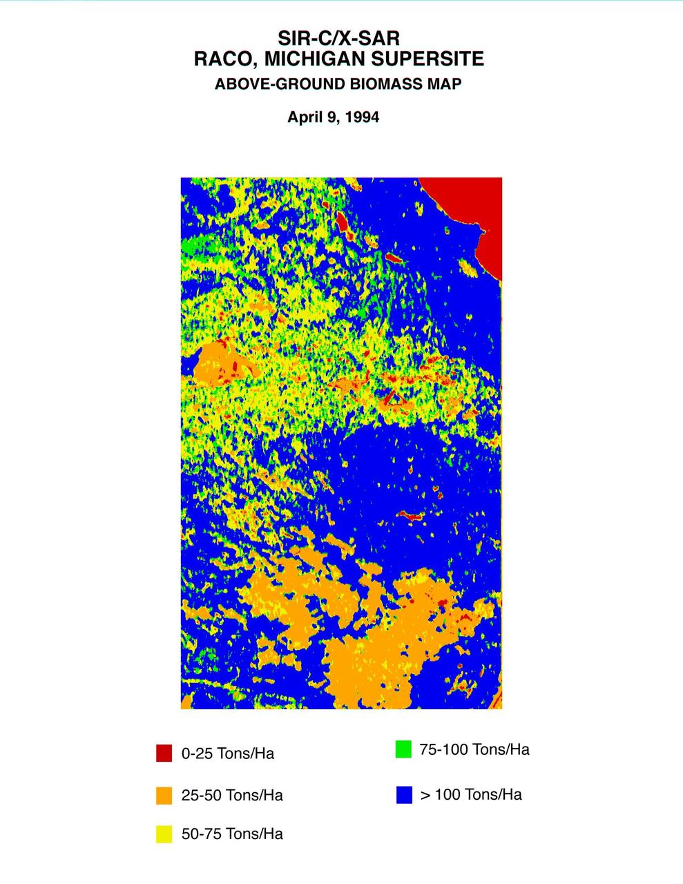 This biomass map of the Raco, Michigan, area was produced from data acquired by NASA Spaceborne Imaging Radar C/X-Band Synthetic Aperture Radar SIR-C/X-SAR onboard space shuttle Endeavour.