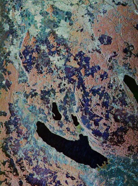 This is a false-color, three-frequency image of the Oberpfaffenhofen supersite, southwest of Munich in southern Germany, which shows the differences in what the three radar bands can see on the ground.