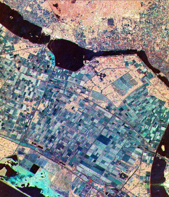 This is a three-frequency false color image of Flevoland, The Netherlands, centered at 52.4 degrees north latitude, 5.4 degrees east longitude.