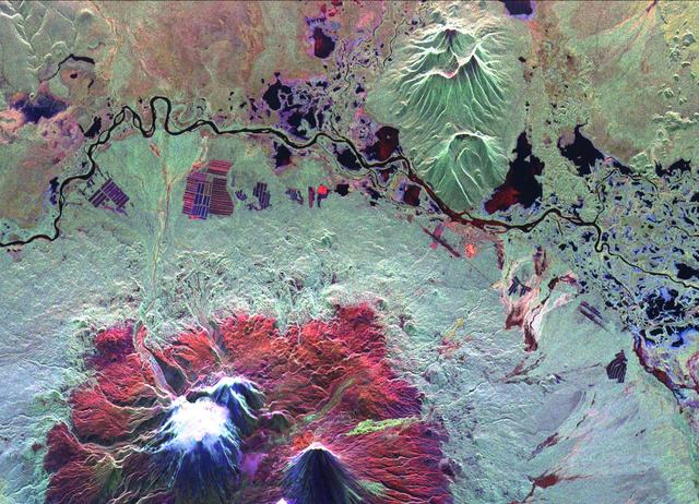 This is an image of the Kliuchevskoi volcano, Kamchatka, Russia, which began to erupt on September 30, 1994. Kliuchevskoi is the bright white peak surrounded by red slopes in the lower left portion of the image.  The image was acquired by the Spaceborne Imaging Radar-C and X-band Synthetic Aperture Radar aboard the space shuttle Endeavour on its 25th orbit on October 1, 1994. The image shows an area approximately 30 kilometers by 60 kilometers (18.5 miles by 37 miles) that is centered at 56.18 degrees north latitude and 160.78 degrees east longitude. North is toward the top of the image. The Kamchatka volcanoes are among the most active volcanoes in the world. The volcanic zone sits above a tectonic plate boundary, where the Pacific plate is sinking beneath the northeast edge of the Eurasian plate. The Endeavour crew obtained dramatic video and photographic images of this region during the eruption, which will assist scientists in analyzing the dynamics of the current activity. The colors in this image were obtained using the following radar channels: red represents the L-band (horizontally transmitted and received); green represents the L-band (horizontally transmitted and vertically received); blue represents the C-band (horizontally transmitted and vertically received).  The Kamchatka River runs from left to right across the image. An older, dormant volcanic region appears in green on the north side of the river. The current eruption included massive ejections of gas, vapor and ash, which reached altitudes of 20,000 meters (65,000 feet). New lava flows are visible on the flanks of Kliuchevskoi, appearing yellow/green in the image, superimposed on the red surfaces in the lower center. Melting snow triggered mudflows on the north flank of the volcano, which may threaten agricultural zones and other settlements in the valley to the north.   http://photojournal.jpl.nasa.gov/catalog/PIA01731