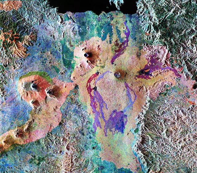 This is a false-color composite of Central Africa, showing the Virunga volcano chain along the borders of Rwanda, Zaire and Uganda. This area is home to the endangered mountain gorillas.