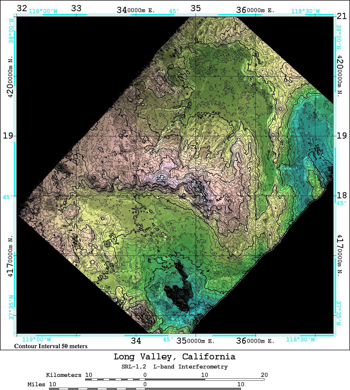 An area near Long Valley, California, was mapped by the Spaceborne Imaging Radar-C and X-band Synthetic Aperture Radar aboard the space shuttle Endeavor on April 13, 1994, during the first flight of the radar instrument, and on October 4, 1994, during the second flight of the radar instrument. The orbital configurations of the two data sets were ideal for interferometric combination -- that is overlaying the data from one image onto a second image of the same area to create an elevation map and obtain estimates of topography. Once the topography is known, any radar-induced distortions can be removed and the radar data can be geometrically projected directly onto a standard map grid for use in a geographical information system.  The 50 kilometer by 50 kilometer (31 miles by 31 miles) map shown here is entirely derived from SIR-C L-band radar (horizontally transmitted and received) results. The color shown in this image is produced from the interferometrically determined elevations, while the brightness is determined by the radar backscatter. The map is in Universal Transverse Mercator (UTM) coordinates. Elevation contour lines are shown every 50 meters (164 feet). Crowley Lake is the dark feature near the south edge of the map. The Adobe Valley in the north and the Long Valley in the south are separated by the Glass Mountain Ridge, which runs through the center of the image. The height accuracy of the interferometrically derived digital elevation model is estimated to be 20 meters (66 feet) in this image.  http://photojournal.jpl.nasa.gov/catalog/PIA01749