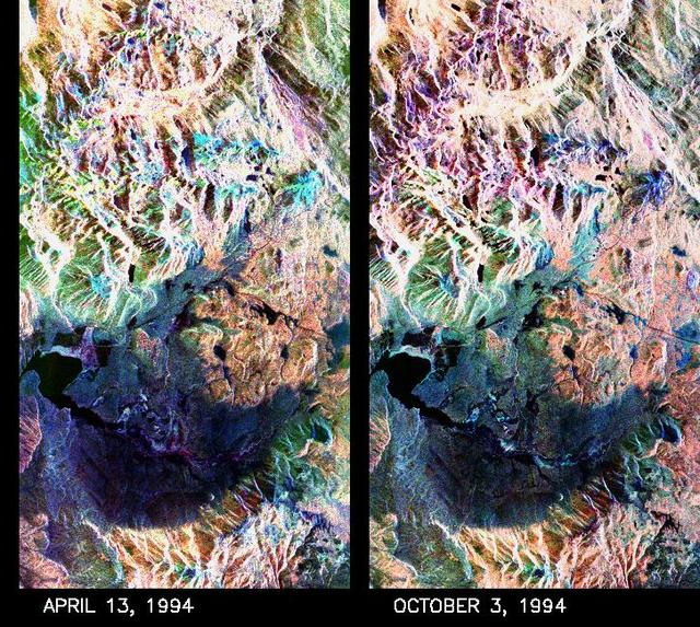 These two false-color composite images of the Mammoth Mountain area in the Sierra Nevada Mountains, Calif., show significant seasonal changes in snow cover. The image at left was acquired by the Spaceborne Imaging Radar-C and X-band Synthetic Aperture Radar aboard the space shuttle Endeavour on its 67th orbit on April 13, 1994. The image is centered at 37.6 degrees north latitude and 119 degrees west longitude. The area is about 36 kilometers by 48 kilometers (22 miles by 29 miles). In this image, red is L-band (horizontally transmitted and vertically received) polarization data; green is C-band (horizontally transmitted and vertically received) polarization data; and blue is C-band (horizontally transmitted and received) polarization data.  The image at right was acquired on October 3, 1994, on the space shuttle Endeavour's 67th orbit of the second radar mission. Crowley Lake appears dark at the center left of the image, just above or south of Long Valley. The Mammoth Mountain ski area is visible at the top right of the scene. The red areas correspond to forests, the dark blue areas are bare surfaces and the green areas are short vegetation, mainly brush. The changes in color tone at the higher elevations (e.g. the Mammoth Mountain ski area) from green-blue in April to purple in September reflect changes in snow cover between the two missions.  The April mission occurred immediately following a moderate snow storm. During the mission the snow evolved from a dry, fine-grained snowpack with few distinct layers to a wet, coarse-grained pack with multiple ice inclusions. Since that mission, all snow in the area has melted except for small glaciers and permanent snowfields on the Silver Divide and near the headwaters of Rock Creek. On October 3, 1994, only discontinuous patches of snow cover were present at very high elevations following the first snow storm of the season on September 28, 1994. For investigations in hydrology and land-surface climatology, seasonal snow cover and alpine glaciers are critical to the radiation and water balances.  SIR-C/X-SAR is a powerful tool because it is sensitive to most snowpack conditions and is less influenced by weather conditions than other remote sensing instruments, such as Landsat. In parallel with the operational SIR-C data processing, an experimental effort is being conducted to test SAR data processing using the Jet Propulsion Laboratory's massively parallel supercomputing facility, centered around the Cray Research T3D. These experiments will assess the abilities of large supercomputers to produce high throughput SAR processing in preparation for upcoming data-intensive SAR missions. The images released here were produced as part of this experimental effort.  http://photojournal.jpl.nasa.gov/catalog/PIA01753