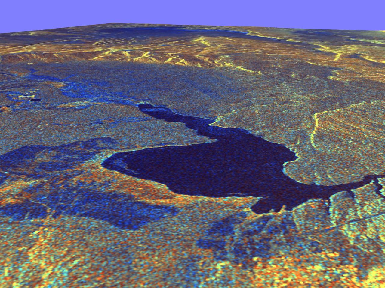 This three-dimensional perspective view of Long Valley, California was created from data taken by the Spaceborne Imaging Radar-C/X-band Synthetic Aperture Radar on board the space shuttle Endeavour. This image was constructed by overlaying a color composite SIR-C radar image on a digital elevation map. The digital elevation map was produced using radar interferometry, a process by which radar data are acquired on different passes of the space shuttle. The two data passes are compared to obtain elevation information. The interferometry data were acquired on April 13,1994 and on October 3, 1994, during the first and second flights of the SIR-C/X-SAR instrument. The color composite radar image was taken in October and was produced by assigning red to the C-band (horizontally transmitted and vertically received) polarization; green to the C-band (vertically transmitted and received) polarization; and blue to the ratio of the two data sets. Blue areas in the image are smooth and yellow areas are rock outcrops with varying amounts of snow and vegetation. The view is looking north along the northeastern edge of the Long Valley caldera, a volcanic collapse feature created 750,000 years ago and the site of continued subsurface activity. Crowley Lake is the large dark feature in the foreground.  http://photojournal.jpl.nasa.gov/catalog/PIA01769