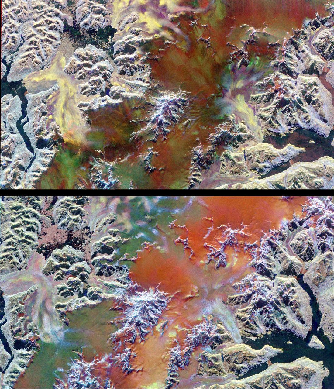 This pair of images illustrates the ability of multi-parameter radar imaging sensors such as the Spaceborne Imaging Radar-C/X-band Synthetic Aperture radar to detect climate-related changes on the Patagonian ice fields in the Andes Mountains of Chile and Argentina. The images show nearly the same area of the south Patagonian ice field as it was imaged during two space shuttle flights in 1994 that were conducted five-and-a-half months apart. The images, centered at 49.0 degrees south latitude and 73.5degrees west longitude, include several large outlet glaciers.  The images were acquired by SIR-C/X-SAR on board the space shuttle Endeavour during April and October 1994. The top image was acquired on April 14, 1994, at 10:46 p.m. local time, while the bottom image was acquired on October 5,1994, at 10:57 p.m. local time. Both were acquired during the 77th orbit of the space shuttle. The area shown is approximately 100 kilometers by 58 kilometers (62 miles by 36 miles) with north toward the upper right. The colors in the images were obtained using the following radar channels: red represents the C-band (horizontally transmitted and received); green represents the L-band (horizontally transmitted and received); blue represents the L-band (horizontally transmitted and vertically received). The overall dark tone of the colors in the central portion of the April image indicates that the interior of the ice field is covered with thick wet snow. The outlet glaciers, consisting of rough bare ice, are the brightly colored yellow and purple lobes which terminate at calving fronts into the dark waters of lakes and fiords. During the second mission the temperatures were colder and the corresponding change in snow and ice conditions is readily apparent by comparing the images. The interior of the ice field is brighter because of increased radar return from the dryer snow. The distinct green/orange boundary on the ice field indicates an abrupt change in the structure of the snowcap, a direct indication of the steep meteorological gradients known to exist in this region. The bluer color of the outlet glaciers is probably due to a thin snow cover. A portion of the terminus of the outlet glacier at the top left center of the images has advanced approximately 600 meters (1,970 feet) in the five-and-a-half months between the two missions. Because of the persistent cloud cover this observation was only possible by using the orbiting, remote imaging radar system.  http://photojournal.jpl.nasa.gov/catalog/PIA01778