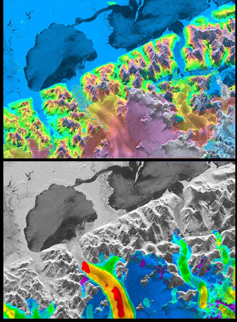 A NASA radar instrument has been successfully used to measure some of the fastest moving and most inaccessible glaciers in the world  -- in Chile's huge, remote Patagonia ice fields -- demonstrating a technique that could produce more accurate predictions of glacial response to climate change and corresponding sea level changes.  This image, produced with interferometric measurements made by the Spaceborne Imaging Radar-C and X-band Synthetic Aperture Radar (SIR-C/X-SAR) flown on the Space Shuttle last fall, has provided the first detailed measurements of the mass and motion of the San Rafael Glacier. Very few measurements have been made of the Patagonian ice fields, which are the world's largest mid-latitude ice masses and account for more than 60 percent of the Southern Hemisphere's glacial area outside of Antarctica. These features make the area essential for climatologists attempting to understand the response of glaciers on a global scale to changes in climate, but the region's inaccessibility and inhospitable climate have made it nearly impossible for scientists to study its glacial topography, meteorology and changes over time. Currently, topographic data exist for only a few glaciers while no data exist for the vast interior of the ice fields. Velocity has been measured on only five of the more than 100 glaciers, and the data consist of only a few single-point measurements.  The interferometry performed by the SIR-C/X-SAR was used to generate both a digital elevation model of the glaciers and a map of their ice motion on a pixel-per-pixel basis at very high resolution for the first time. The data were acquired from nearly the same position in space on October 9, 10 and 11, 1994, at L-band frequency (24-cm wavelength), vertically transmitted and received polarization, as the Space Shuttle Endeavor flew over several Patagonian outlet glaciers of the San Rafael Laguna. The area shown in these two images is 50 kilometers by 30 kilometers (30 miles by 18 miles) in size and is centered at 46.6 degrees south latitude, 73.8 degrees west longitude. North is toward the upper right.  The top image is a digital elevation model of the scene, where color and saturation represent terrain height (between 0 meters and 2,000 meters or up to 6,500 feet) and brightness represents radar backscatter. Low elevations are shown in blue and high elevations are shown in pink. The digital elevation map of the glacier surface has a horizontal resolution of 15 meters (50 feet) and a vertical resolution of 10 meters (30 feet). High-resolution maps like these acquired over several years would allow scientists to calculate directly long-term changes in the mass of the glacier. The bottom image is a map of ice motion parallel to the radar look direction only, which is from the top of the image. Purple indicates ice motion away from the radar at more than 6 centimeters per day; dark blue is ice motion toward or away at less than 6 cm per day; light blue is motion toward the radar of 6 cm to 20 cm (about 2 to 8 inches) per day; green is motion toward the radar of 20 cm to 45 cm (about 8 to 18 inches) per day; yellow is 45 cm to 85 cm (about 18 to 33 inches) per day; orange is 85 cm to 180 cm (about 33 to 71 inches) per day; red is greater than 180 cm (71 inches) per day. The velocity estimates are accurate to within 5 millimeters per day. The largest velocities are recorded on the San Rafael Glacier in agreement with previous work. Other outlet glaciers exhibit ice velocities of less than 1 meter per day. Several kilometers before its terminus, (left of center) the velocity of the San Rafael Glacier exceeds 10 meters (32 feet) per day, and ice motion cannot be estimated from the data. There, a revisit time interval of less than 12 hours would have been necessary to estimate ice motion from interferometry data. The results however demonstrate that the radar interferometry technique permits the monitoring of glacier characteristics unattainable by any other means.  http://photojournal.jpl.nasa.gov/catalog/PIA01781