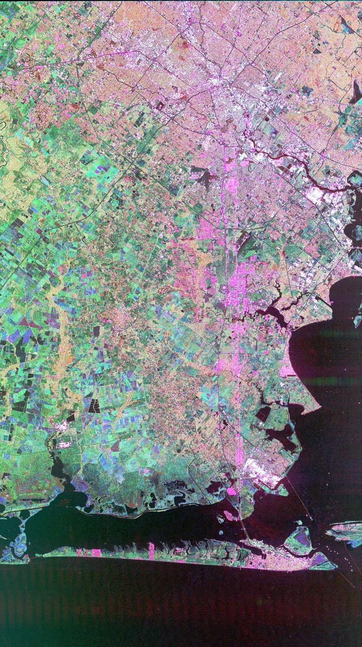 This image of Houston, Texas, shows the amount of detail that is possible to obtain using spaceborne radar imaging. Images such as this -- obtained by the Spaceborne Imaging Radar-C/X-band Synthetic Aperture Radar (SIR-C/X-SAR) flying aboard the space shuttle Endeavor last fall -- can become an effective tool for urban planners who map and monitor land use patterns in urban, agricultural and wetland areas. Central Houston appears pink and white in the upper portion of the image, outlined and crisscrossed by freeways. The image was obtained on October 10, 1994, during the space shuttle's 167th orbit. The area shown is 100 kilometers by 60 kilometers (62 miles by 38 miles) and is centered at 29.38 degrees north latitude, 95.1 degrees west longitude. North is toward the upper left. The pink areas designate urban development while the green-and blue-patterned areas are agricultural fields. Black areas are bodies of water, including Galveston Bay along the right edge and the Gulf of Mexico at the bottom of the image. Interstate 45 runs from top to bottom through the image. The narrow island at the bottom of the image is Galveston Island, with the city of Galveston at its northeast (right) end. The dark cross in the upper center of the image is Hobby Airport. Ellington Air Force Base is visible below Hobby on the other side of Interstate 45. Clear Lake is the dark body of water in the middle right of the image. The green square just north of Clear Lake is Johnson Space Center, home of Mission Control and the astronaut training facilities. The black rectangle with a white center that appears to the left of the city center is the Houston Astrodome. The colors in this image were obtained using the follow radar channels: red represents the L-band (horizontally transmitted, vertically received); green represents the C-band (horizontally transmitted, vertically received); blue represents the C-band (horizontally transmitted and received). http://photojournal.jpl.nasa.gov/catalog/PIA01783