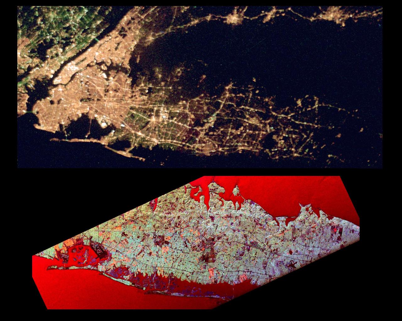 This pair of images of the Long Island, New York region is a comparison of an optical photograph (top) and a radar image (bottom), both taken in darkness in April 1994. The photograph at the top was taken by the Endeavour astronauts at about 3 a.m. Eastern time on April 20, 1994. The image at the bottom was acquired at about the same time four days earlier on April 16,1994 by the Spaceborne Imaging Radar-C/X-Band Synthetic Aperture Radar (SIR-C/X-SAR) system aboard the space shuttle Endeavour. Both images show an area approximately 100 kilometers by 40 kilometers (62 miles by 25 miles) that is centered at 40.7 degrees North latitude and 73.5 degrees West longitude. North is toward the upper right.  The optical image is dominated by city lights, which are particularly bright in the densely developed urban areas of New York City located on the left half of the photo. The brightest white zones appear on the island of Manhattan in the left center, and Central Park can be seen as a darker area in the middle of Manhattan. To the northeast (right) of the city, suburban Long Island appears as a less densely illuminated area, with the brightest zones occurring along major transportation and development corridors. Since radar is an active sensing system that provides its own illumination, the radar image shows a great amount of surface detail, despite the night-time acquisition. The colors in the radar image were obtained using the following radar channels: red represents the L-band (horizontally transmitted and received); green represents the L-band (horizontally transmitted and vertically received); blue represents the C-band (horizontally transmitted and vertically received). In this image, the water surface - the Atlantic Ocean along the bottom edge and Long Island Sound shown at the top edge - appears red because small waves at the surface strongly reflect the horizontally transmitted and received L-band radar signal.  Networks of highways and railroad lines are clearly visible in the radar image; many of them can also be seen as bright lines i the optical image. The runways of John F. Kennedy International Airport appear as a dark rectangle in Jamaica Bay on the left side of the image. Developed areas appear generally as bright green and orange, while agricultural, protected and undeveloped areas appear darker blue or purple. This contrast can be seen on the barrier islands along the south coast of Long Island, which are heavily developed in the Rockaway and Long Beach areas south and east of Jamaica Bay, but further to the east, the islands are protected and undeveloped.   http://photojournal.jpl.nasa.gov/catalog/PIA01785