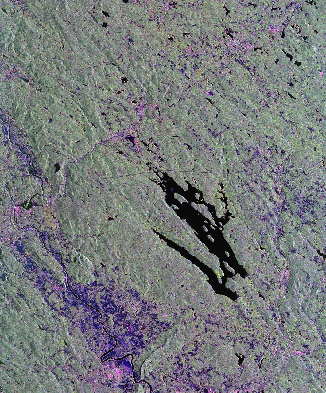 This is a radar image of the area surrounding the Harvard Forest in north-central Massachusetts that has been operated as a ecological research facility by Harvard University since 1907. At the center of the image is the Quabbin Reservoir, and the Connecticut River is at the lower left of the image. The Harvard Forest itself is just above the reservoir. Researchers are comparing the naturally occurring physical disturbances in the forest and the recent and projected chemical disturbances and their effects on the forest ecosystem. Agricultural land appears dark blue/purple, along with low shrub vegetation and some wetlands. Urban development is bright pink; the yellow to green tints are conifer-dominated vegetation with the pitch pine sand plain at the middle left edge of the image appearing very distinctive. The green tint may indicate pure pine plantation stands, and deciduous broadleaf trees appear gray/pink with perhaps wetter sites being pinker.      This image was acquired by the Spaceborne Imaging Radar-C/X-Band Synthetic Aperture Radar (SIR-C/X-SAR) aboard the space shuttle Endeavour. SIR-C/X-SAR, a joint mission of the German, Italian and the United States space agencies, is part of NASA's Mission to Planet Earth. The image is centered at 42.50 degrees North latitude and 72.33 degrees West longitude and covers an area of 53 kilometers 63 by kilometers (33 miles by 39 miles). The colors in the image are assigned to different frequencies and polarizations of the radar as follows: red is L-band horizontally transmitted and horizontally received; green is L-band horizontally transmitted and vertically received; and blue is C-band horizontally transmitted and horizontally received.   http://photojournal.jpl.nasa.gov/catalog/PIA01788