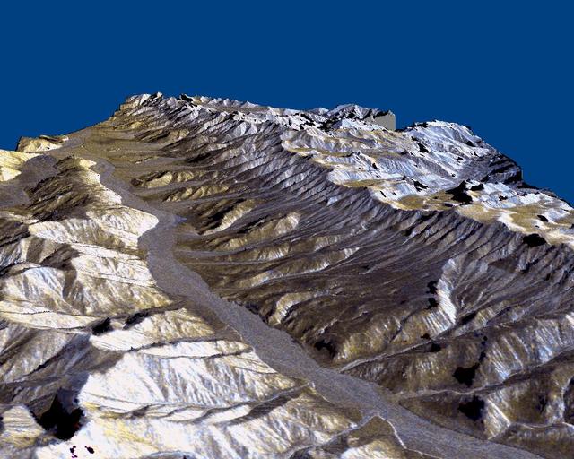 This three-dimensional perspective of the remote Karakax Valley in the northern Tibetan Plateau of western China was created by combining two spaceborne radar images using a technique known as interferometry. Visualizations like this are helpful to scientists because they reveal where the slopes of the valley are cut by erosion, as well as the accumulations of gravel deposits at the base of the mountains. These gravel deposits, called alluvial fans, are a common landform in desert regions that scientists are mapping in order to learn more about Earth's past climate changes. Higher up the valley side is a clear break in the slope, running straight, just below the ridge line. This is the trace of the Altyn Tagh fault, which is much longer than California's San Andreas fault. Geophysicists are studying this fault for clues it may be able to give them about large faults. Elevations range from 4000 m (13,100 ft) in the valley to over 6000 m (19,700 ft) at the peaks of the glaciated Kun Lun mountains running from the front right towards the back. Scale varies in this perspective view, but the area is about 20 km (12 miles) wide in the middle of the image, and there is no vertical exaggeration.  http://photojournal.jpl.nasa.gov/catalog/PIA01800