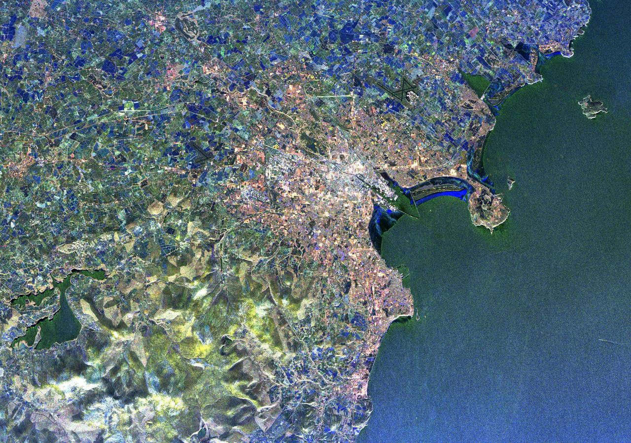 This radar image of Dublin, Ireland, shows how the radar distinguishes between densely populated urban areas and nearby areas that are relatively unsettled. In the center of the image is the city natural harbor along the Irish Sea.