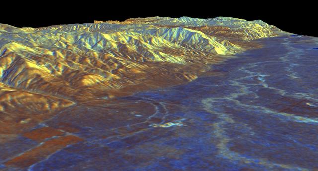 This is a three-dimensional perspective view of Owens Valley, near the town of Bishop, California that was created by combining two spaceborne radar images using a technique known as interferometry.