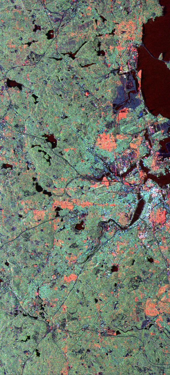 This radar image of the area surrounding Boston, Mass., shows how a spaceborne radar system distinguishes between densely populated urban areas and nearby areas that are relatively unsettled.