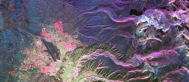 This is an image of the Bolivian capital city of La Paz that was created using three radar frequencies.