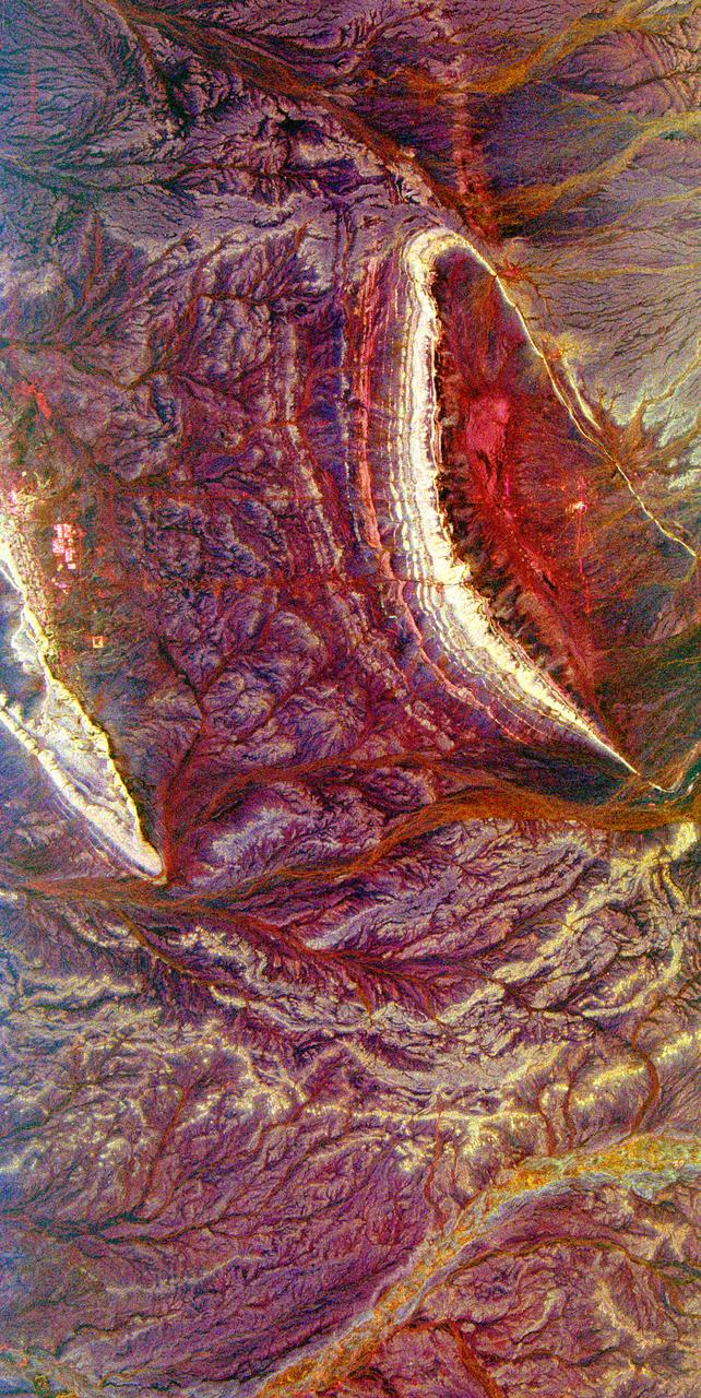Bright, arc-shaped limestone hills and complex, branching drainage patterns dominate this three-frequency space radar image of a desert area in the north central plain of Oman.