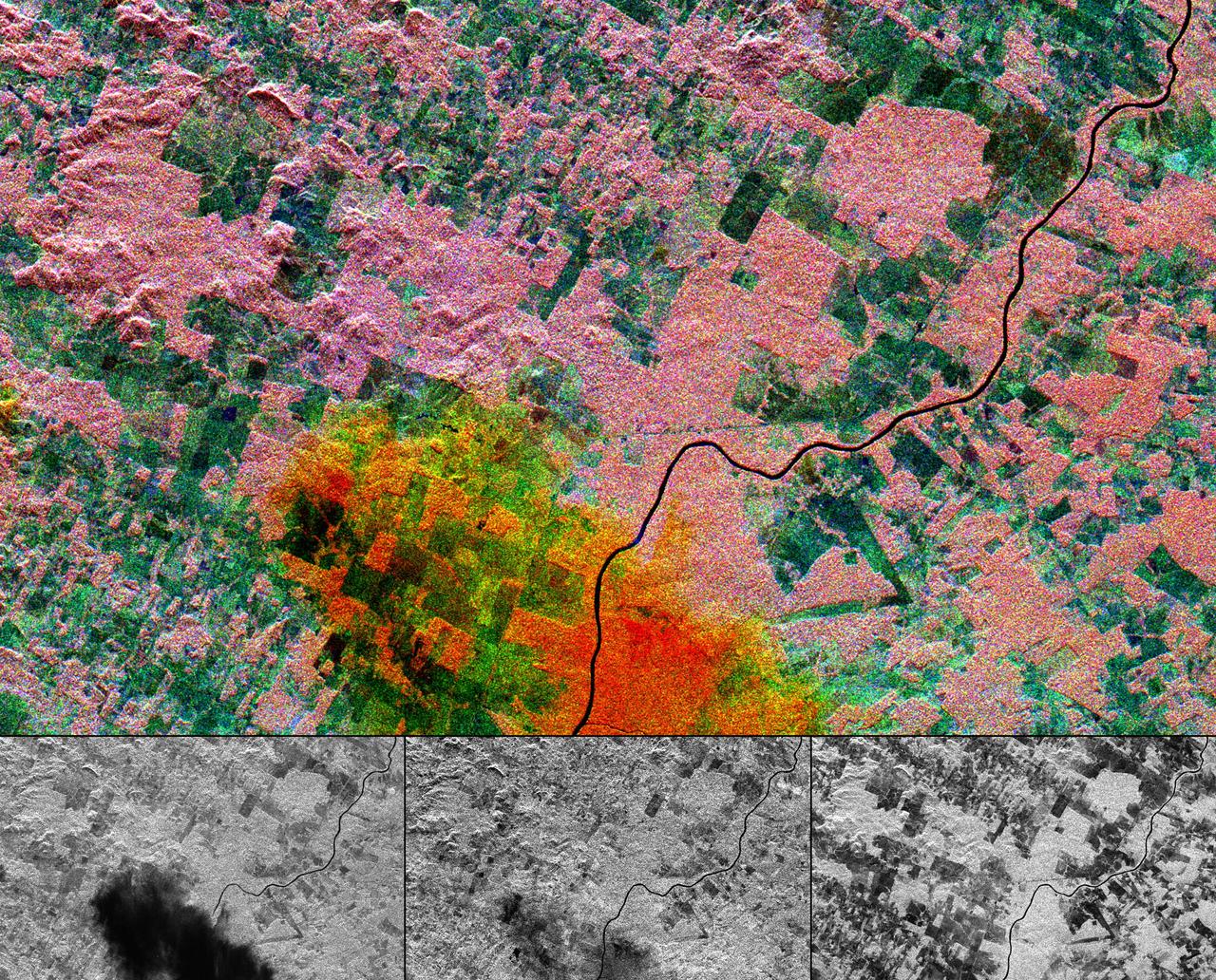 This multi-frequency space radar image of a tropical rainforest in western Brazil shows rapidly changing land use patterns and it also demonstrates the capability of the different radar frequencies to detect and penetrate heavy rainstorms.